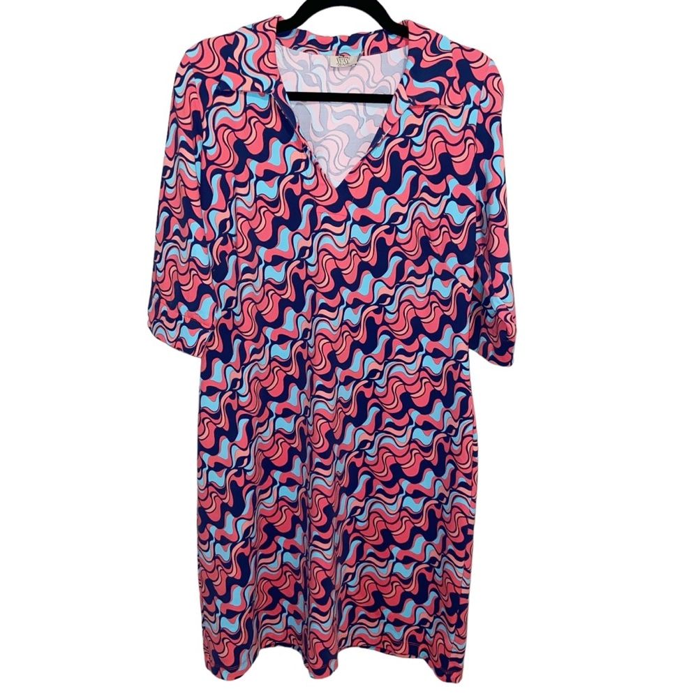 Katherine Way Dress Womens Large USA Made Nylon Stretch Retro Wavy Print Preppy
